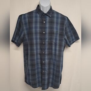 Axist L Button Down Shirt Plaid Short Sleeve Blue Black Collared Casual Pocket